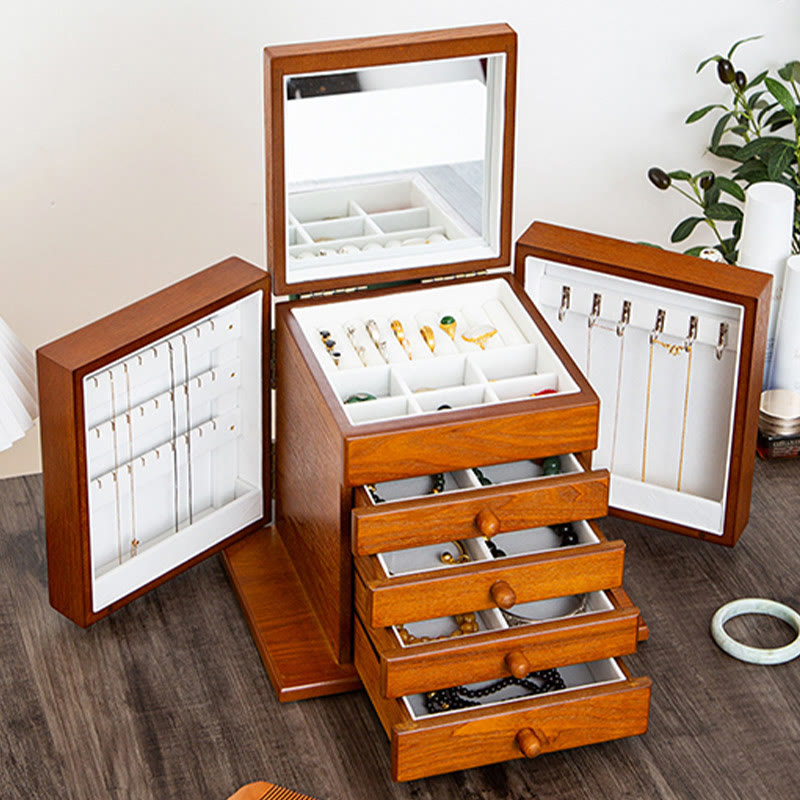 KarmaRipple's Vintage Large Capacity Wooden Jewelry Box Jewelry Storage Box With Mirror p24