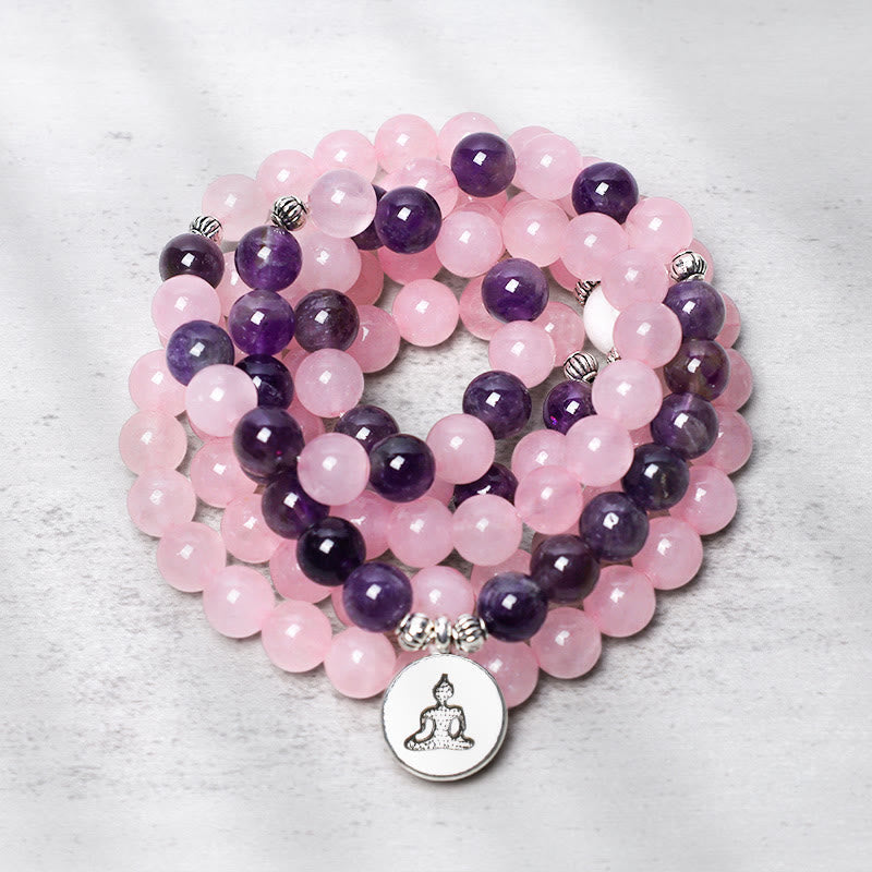 KarmaRipple's Authentic Rose Quartz & Amethyst Mala Bead Lotus Necklace Bracelet p3