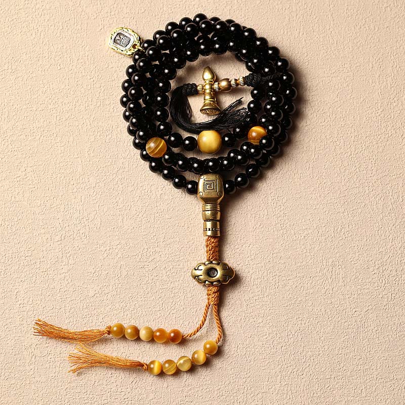 KarmaRipple's Tibetan 108 Mala Beadwork Black Onyx Tiger Eye Beadwork Nine Palaces Bagua Protection Bracelet p3