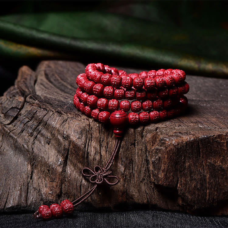 KarmaRipple's 108 Mala Beadwork Cinnabar Om Mani Padme Hum Pattern Engraved Blessing Bracelet p17