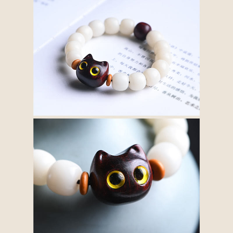 KarmaRipple's Authentic Bodhi Seed Small Leaf Red Sandalwood Ebony Wood Cute Fortunate Cat Wisdom Bracelet p8