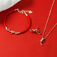 KarmaRipple's Bronze Koi Fish Wealth Pendant Necklace Red Rope Bracelet Earrings Set