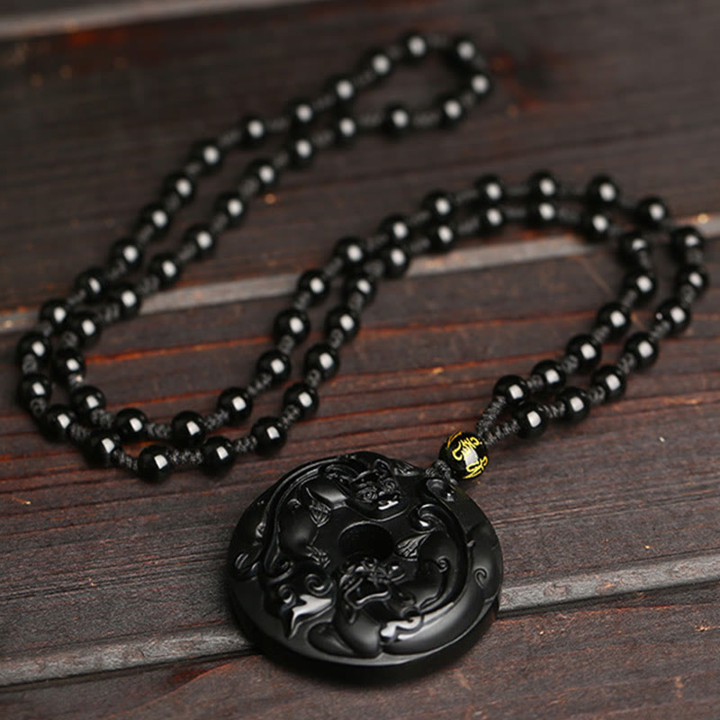 KarmaRipple's Authentic Black Obsidian Peace Buckle Pixiu Bead Rope Strength Pendant Necklace p3