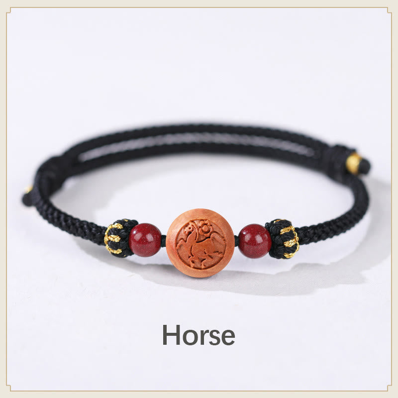 KarmaRipple's Authentic Peach Wood Chinese Zodiac Fu Character Carved Cinnabar Wealth Bracelet p15