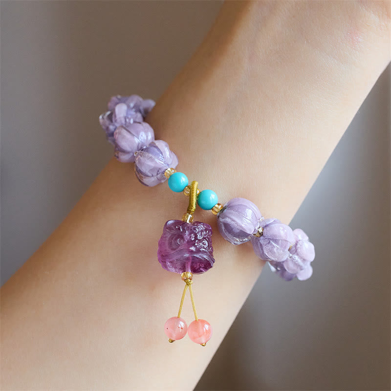 KarmaRipple's Liuli Glass Bead Lotus Design Fluorite Ivory Fruit Dancing Lion Talisman Enlightenment Bracelet p5
