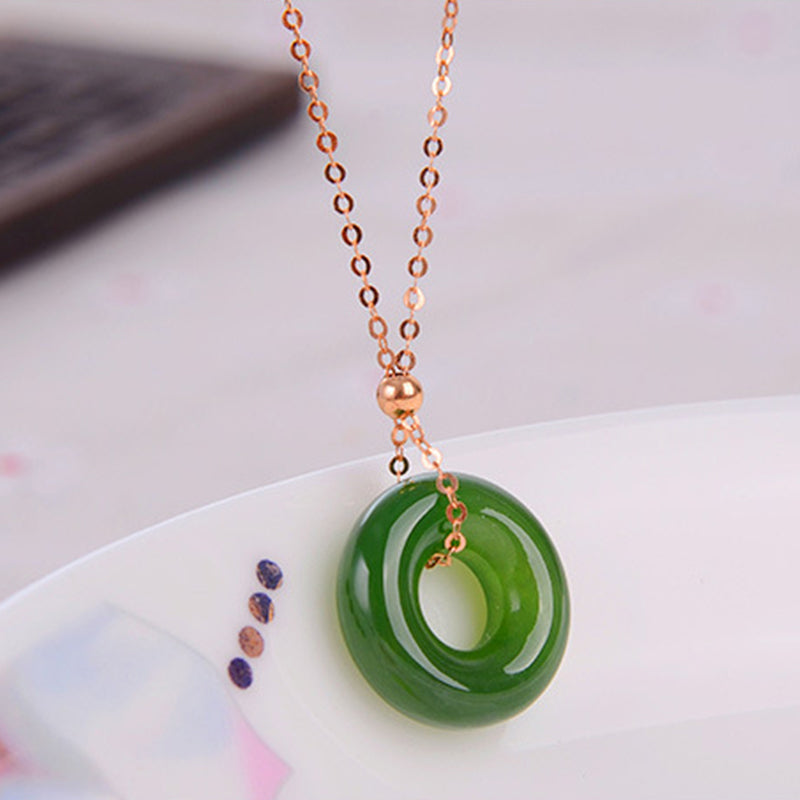 KarmaRipple's Round Cyan Jade Balancing 14K Gold Pendant Necklace p8