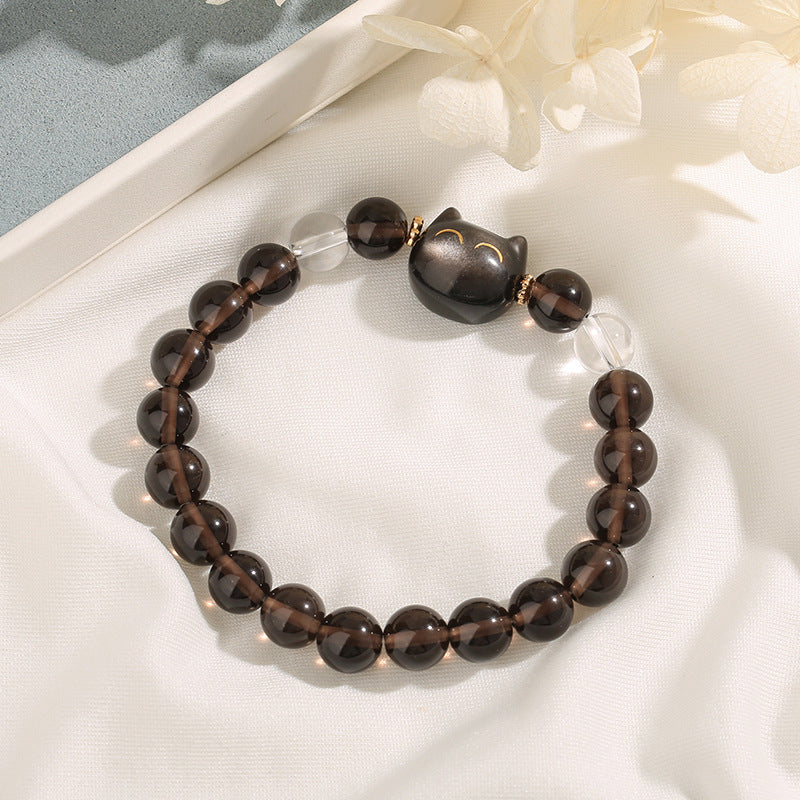 KarmaRipple's Authentic Ice Obsidian Silver Sheen Obsidian Cute Cat Positive Bracelet p3
