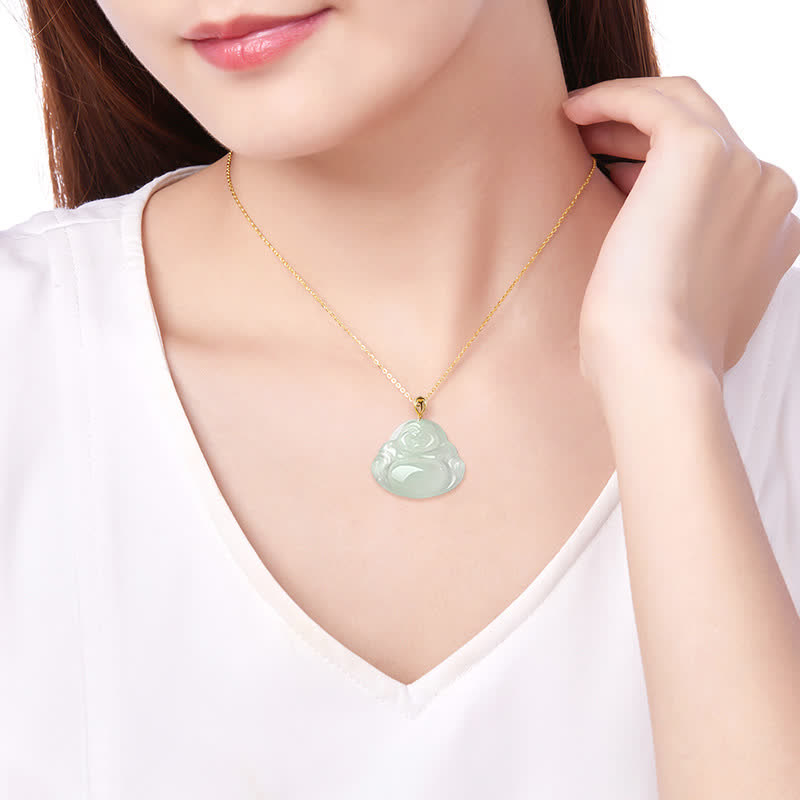 KarmaRipple's Laughing Buddha Authentic Jade 18K Gold Abundance Pendant Necklace p3