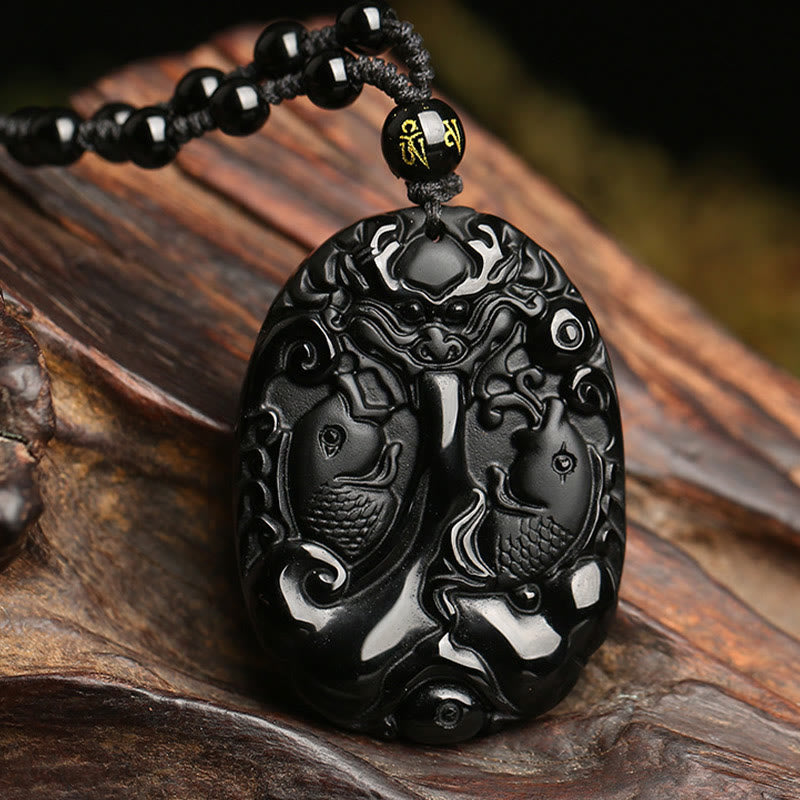 KarmaRipple's Black Obsidian Koi Fish Bead Rope Fulfilment Strength Pendant Necklace p10