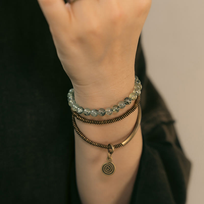 KarmaRipple's Purple Phantom Red Hematoid Quartz Green Rutilated Quartz Bronze Love Forgive Bracelet p24