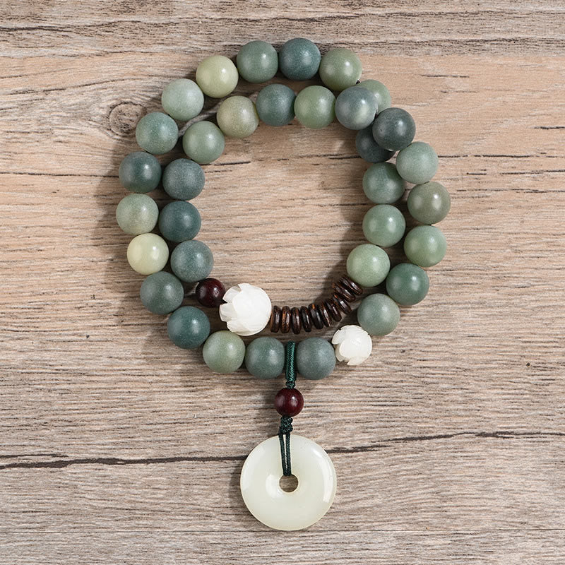 KarmaRipple's Cyan Bodhi Seed Lotus Jade Peace Buckle Wisdom Double Wrap Bracelet p3