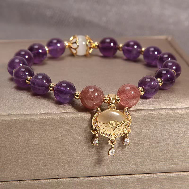 KarmaRipple's Authentic Amethyst Strawberry Quartz Cat Eye Chinese Lock Talisman Balancing Bracelet p3