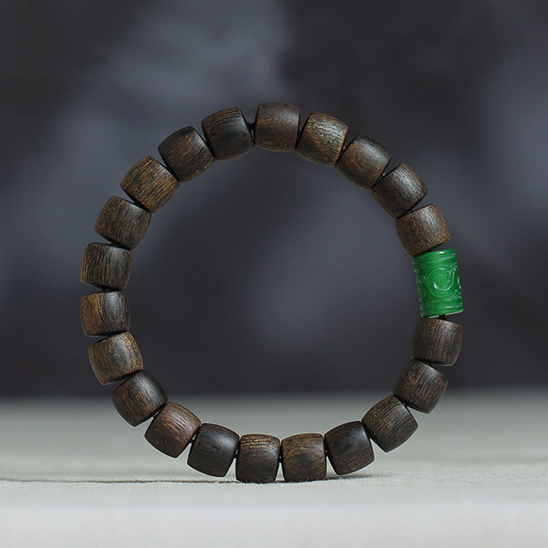 KarmaRipple's Nha Trang Rare Bai Qinan Agarwood Cyan Jade Red Agate Laughing Buddha Tibetan Bone Strength Meditation Bracelet p35