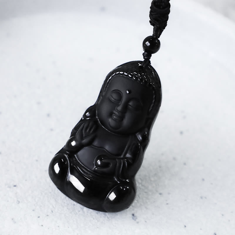 KarmaRipple's Authentic Black Obsidian Gemstone Buddha Strength Protection Amulet Fortunate Talisman Necklace Pendant p7