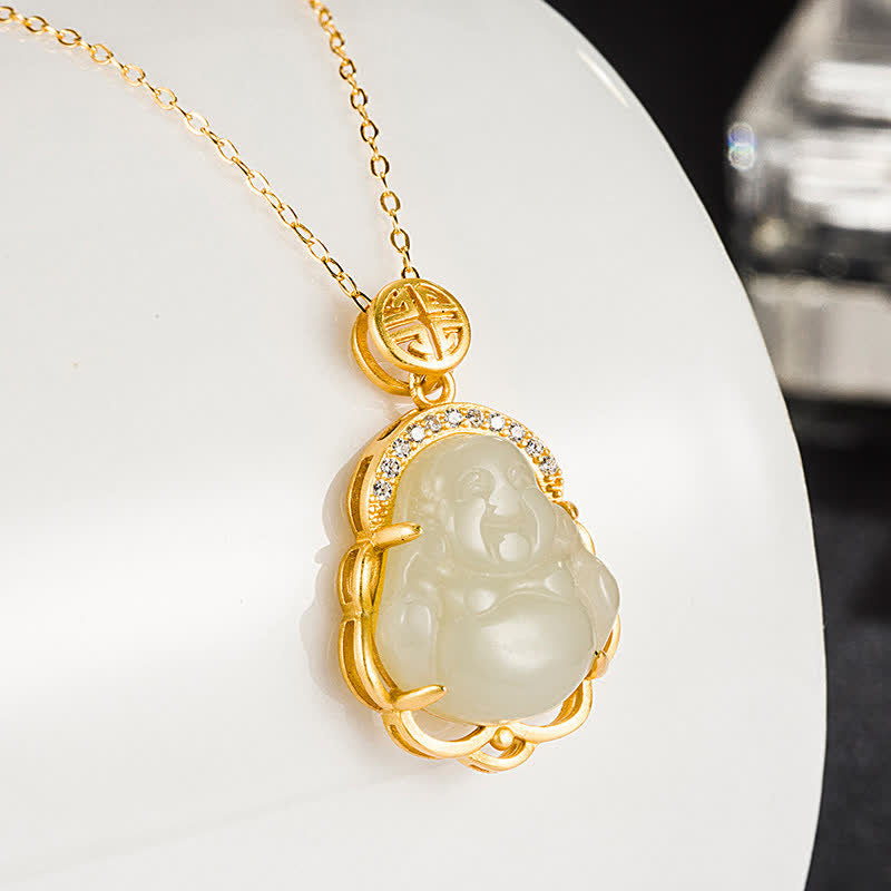 KarmaRipple's 925 Sterling Silver Laughing Buddha Hetian Ivory Jade Protection Pendant Necklace p2