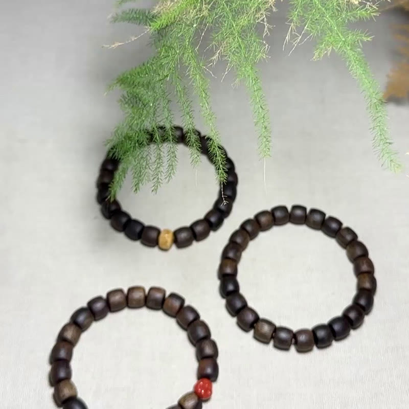 KarmaRipple's Nha Trang Rare Bai Qinan Agarwood Cyan Jade Red Agate Laughing Buddha Tibetan Bone Strength Meditation Bracelet p29