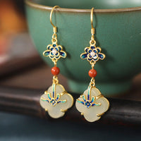 KarmaRipple's Fortunate Four Leaf Clover Jade Abundance Bronze Earrings