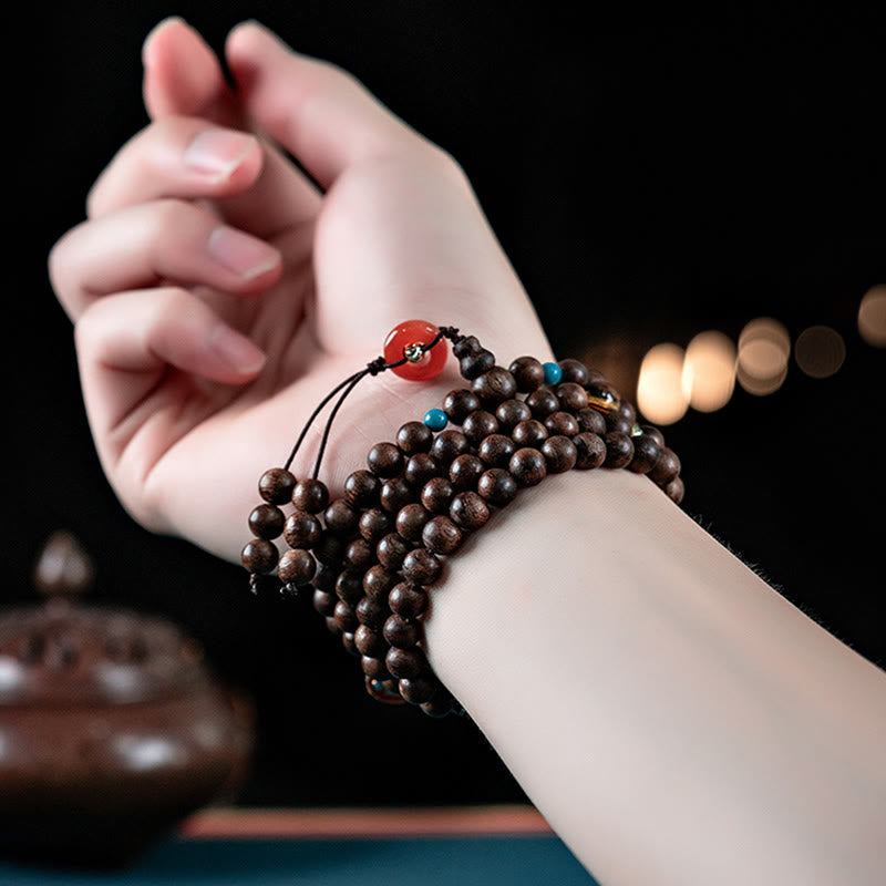 KarmaRipple's 108 Mala Beadwork Kalimantan Agarwood Laughing Buddha Peace Buckle Red Agate Jade Strength Bracelet p7