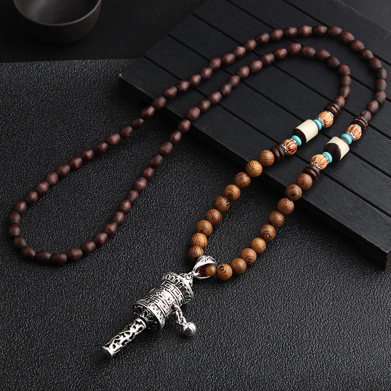 KarmaRipple's Turquoise Dzi Bead Prayer Wheel Wenge Wood Meditation Pendant p3
