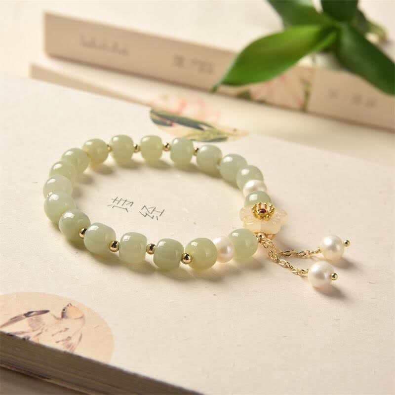 KarmaRipple's Hetian Jade Flower Pearl Happiness Abundance Bracelet p5
