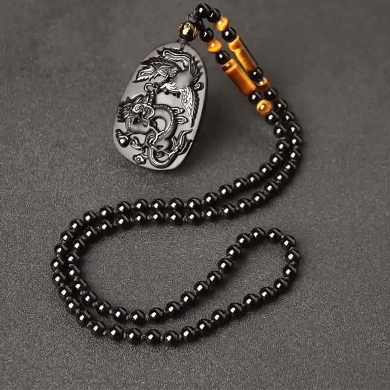 KarmaRipple's Black Obsidian Tiger Eye Dragon Phoenix Protection Beaded Pendant Necklace p6