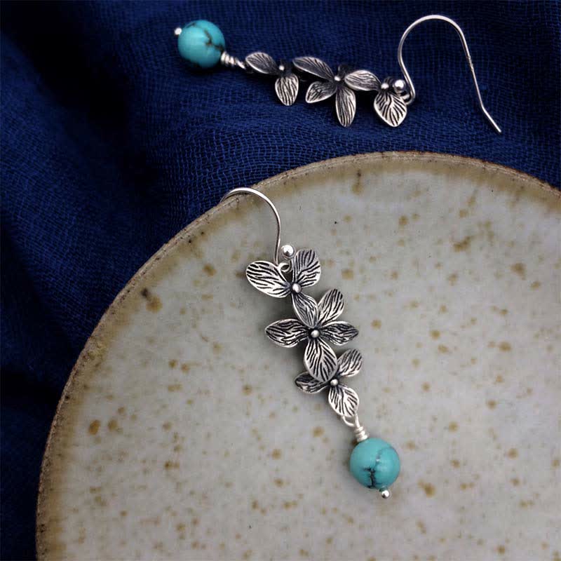 KarmaRipple's 925 Sterling Silver Turquoise Lazurite Flower Leaf Serenity Protection Hook Drop Dangle Earrings p6