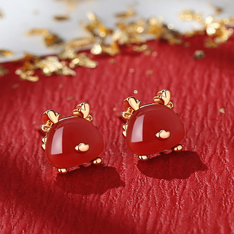 KarmaRipple's 925 Sterling Silver Year of the Dragon Authentic Hetian Jade Red Agate Cute Dragon Protection Success Bracelet Pendant Necklace Earrings ( p25