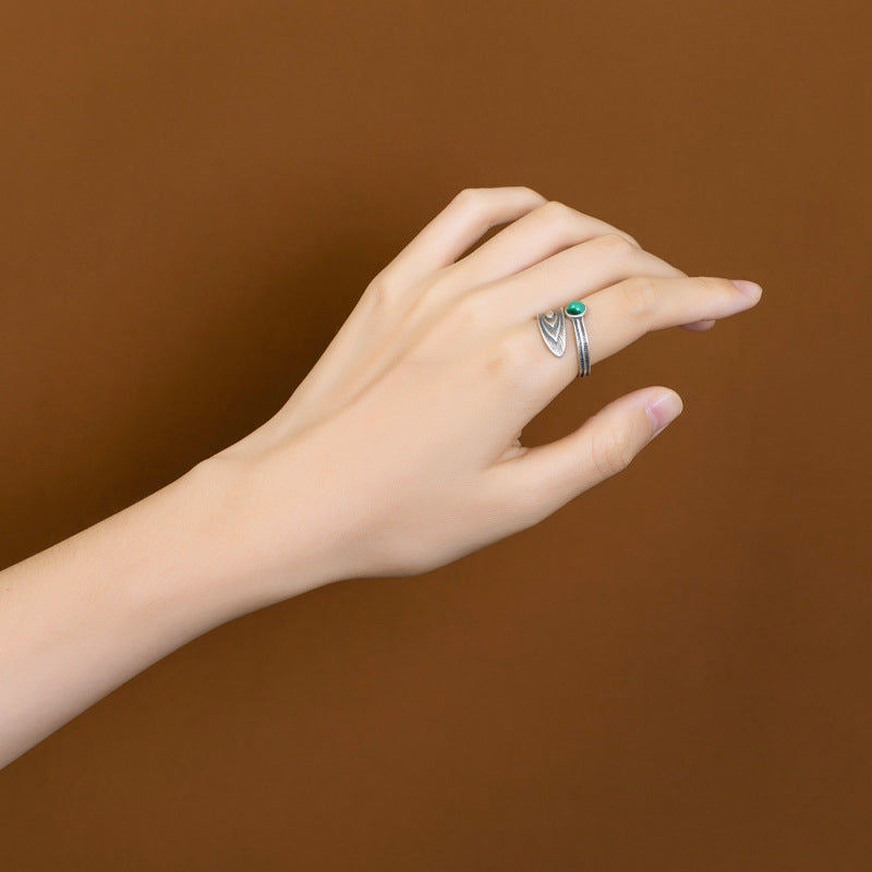 KarmaRipple's 925 Sterling Silver Malachite Bead Feather Protection Ring p4