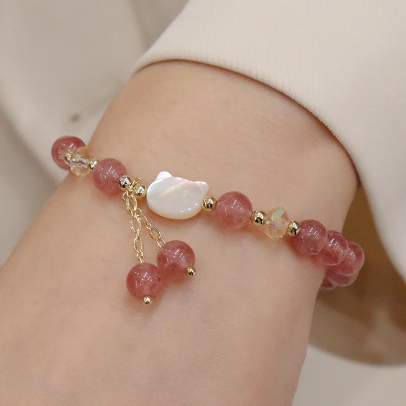 KarmaRipple's Authentic Strawberry Quartz Morganite Tridacna Stone Cat Love Bracelet p4