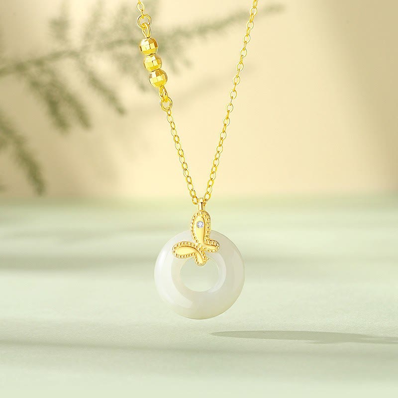 KarmaRipple's 925 Sterling Silver Ginkgo Leaf Butterfly Rose Chalcedony Hetian Jade Peace Buckle Fu Character Balance Pendant Necklace p3