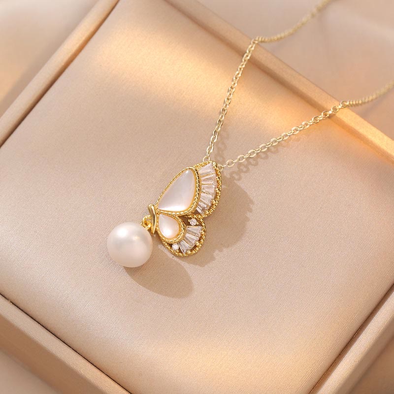 KarmaRipple's Tridacna Stone Pearl Bead Butterfly Balancing Pendant Necklace Earrings Set p2