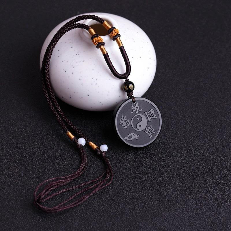 KarmaRipple's Authentic Black Obsidian Taoism Five Sacred Mountains Nine-Character Mantra Carved Strength Yin Yang Pendant Necklace Key Chain p5