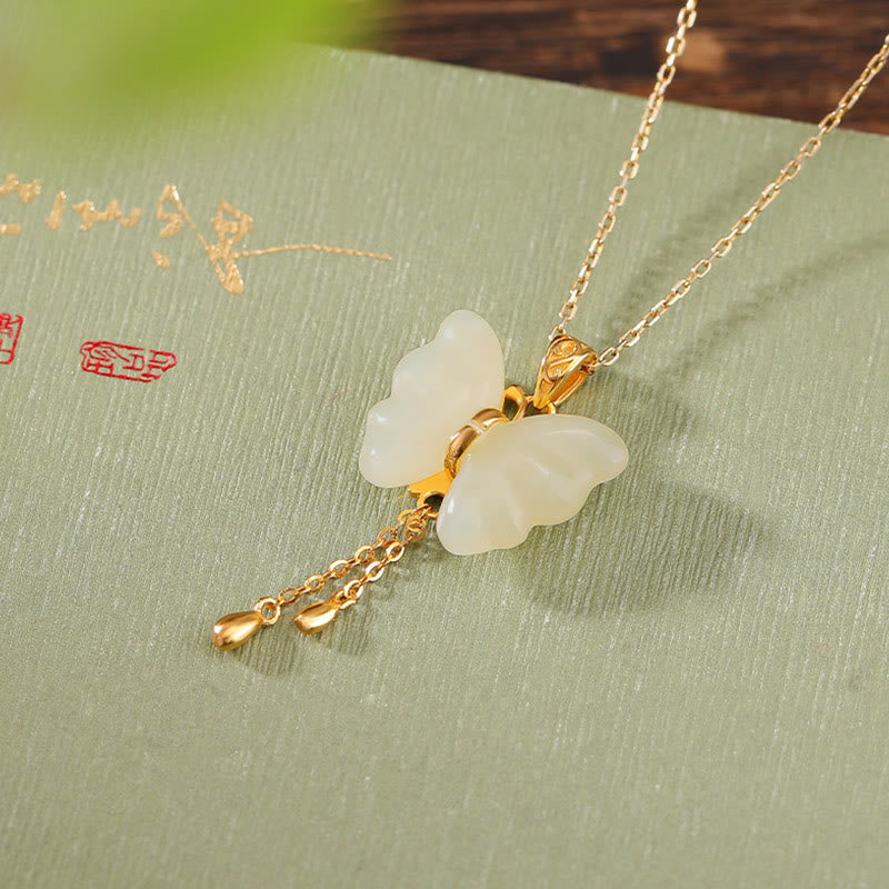 KarmaRipple's 925 Sterling Silver Plated Gold Hetian Ivory Jade Butterfly Blessing Pendant Necklace p1