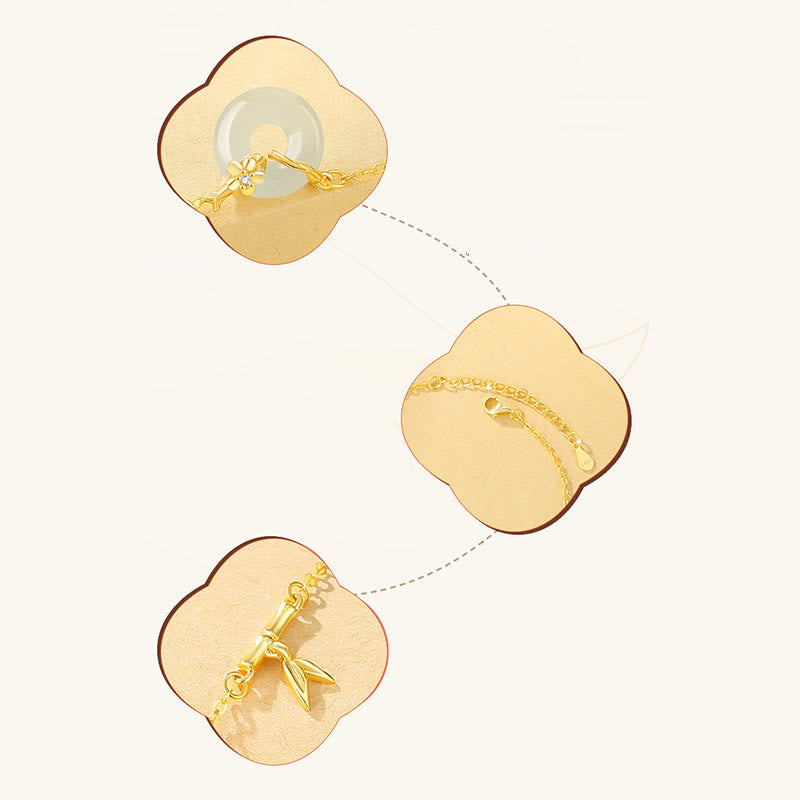 KarmaRipple's 925 Sterling Silver Hetian Jade Chalcedony Peace Buckle Bamboo Leaf Prosperity Chain Bracelet p7