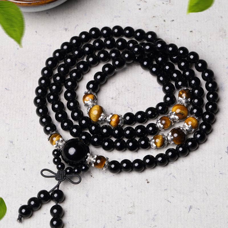 KarmaRipple's 108 Beadwork Authentic Black Obsidian Tiger Eye Mala Bracelet p7