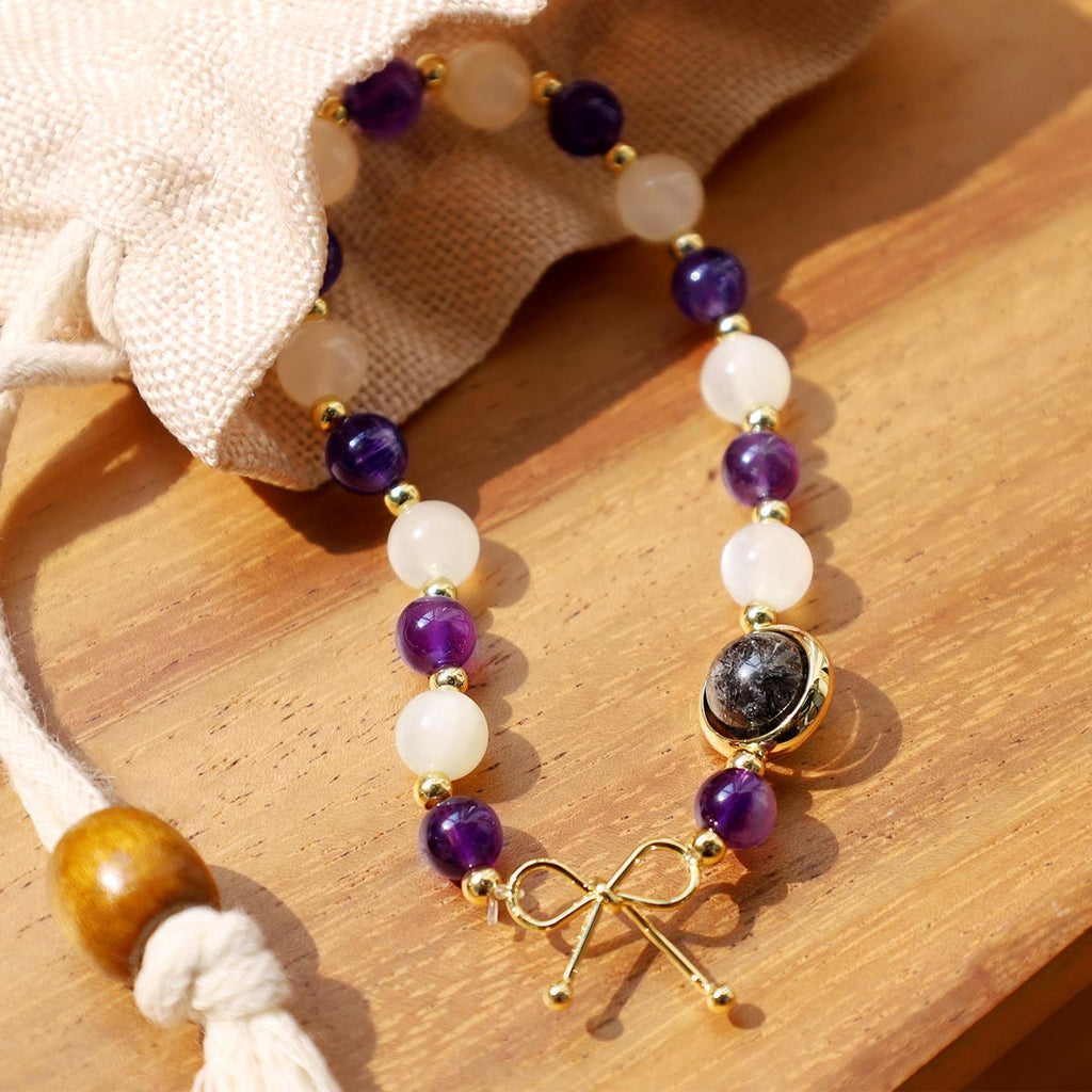 KarmaRipple's Amethyst Cat Eye Black Rutilated Quartz Spiritual Bead Bracelet p3
