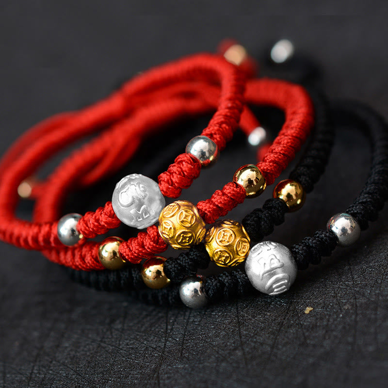 KarmaRipple's 999 Sterling Silver Om Mani Padme Hum Bronze Coin Fortune Strength String Pair Bracelet p5