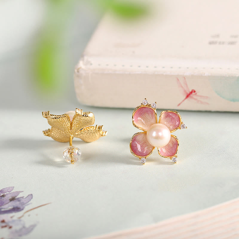 KarmaRipple's 925 Sterling Silver Pearl Red Flower Petals Design Wisdom Pendant Necklace Earrings Set p3