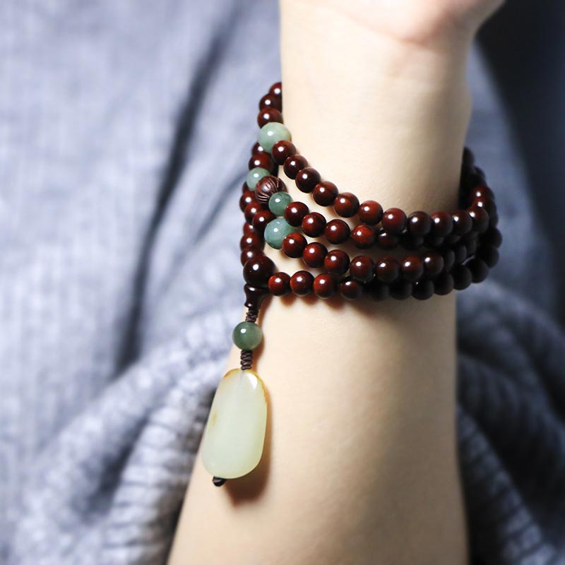 KarmaRipple's Tibetan Small Leaf Red Sandalwood Jade Mala Meditation Bracelet p4