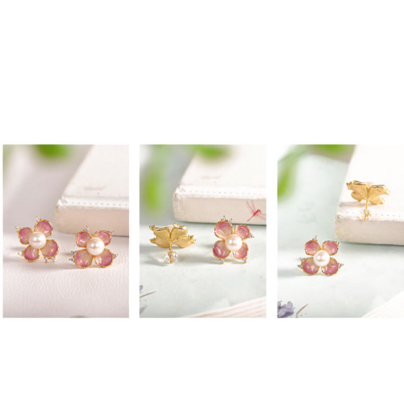 KarmaRipple's 925 Sterling Silver Pearl Red Flower Petals Design Wisdom Pendant Necklace Earrings Set p8