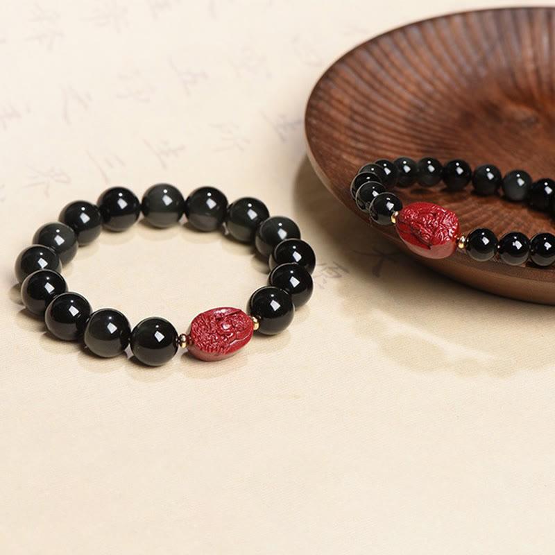 KarmaRipple's Chinese Zodiac Natal Buddha Authentic Black Obsidian Cinnabar Purification Bracelet p29