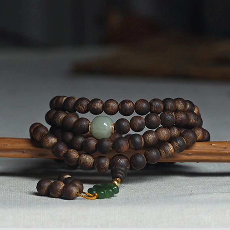KarmaRipple's 108 Mala Beadwork Nha Trang Bai Qinan Agarwood Jade 999 Gold Peace Bracelet (Only one in stock) p5