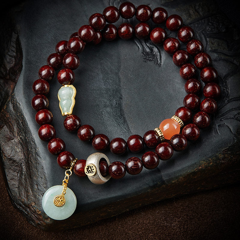 KarmaRipple's Chinese Zodiac Natal Buddha Small Leaf Red Sandalwood Jade Red Agate PiXiu Sooth Bracelet p23