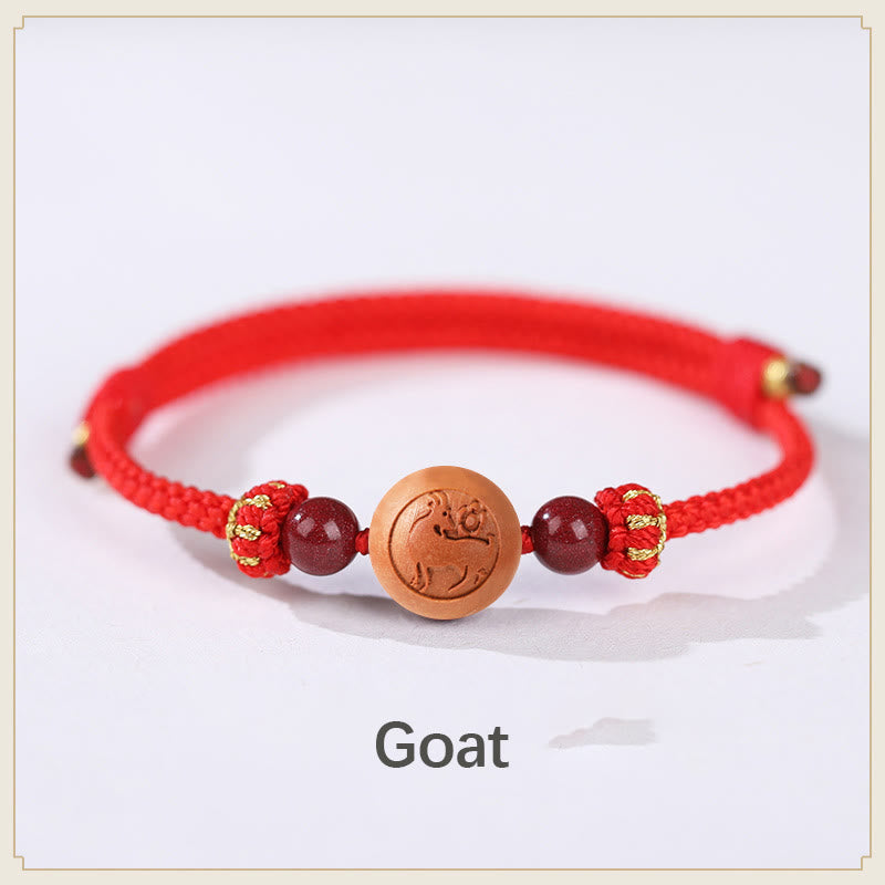 KarmaRipple's Authentic Peach Wood Chinese Zodiac Fu Character Carved Cinnabar Wealth Bracelet p6