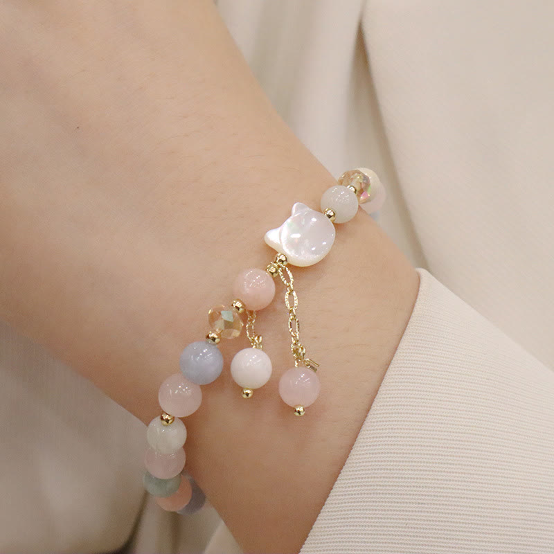 KarmaRipple's Authentic Strawberry Quartz Morganite Tridacna Stone Cat Love Bracelet p10