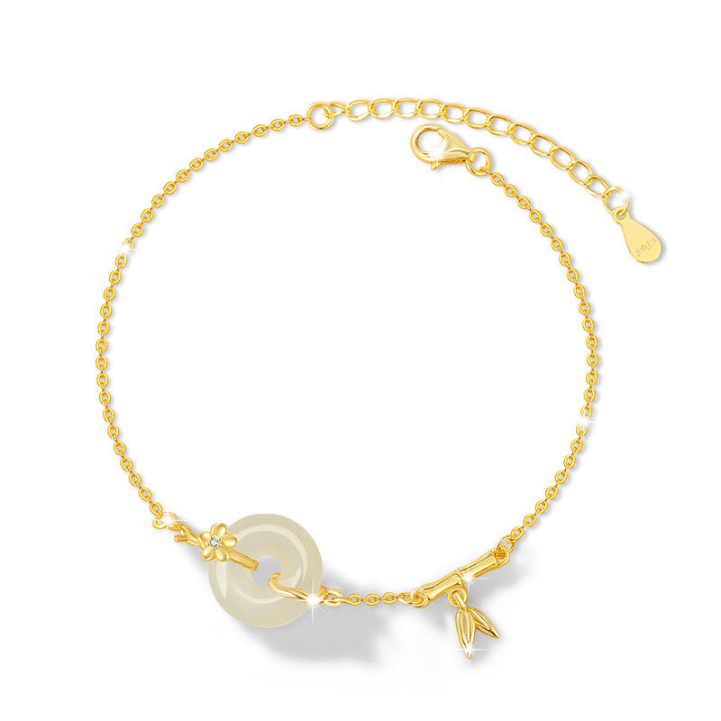 KarmaRipple's 925 Sterling Silver Hetian Jade Chalcedony Peace Buckle Bamboo Leaf Prosperity Chain Bracelet p6