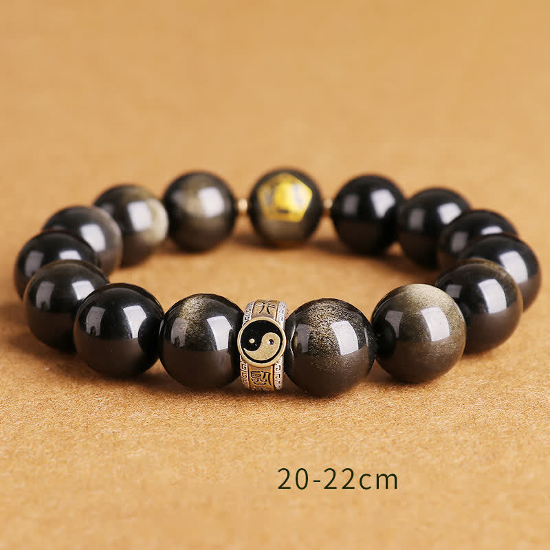 KarmaRipple's 925 Sterling Silver Black Obsidian Gold Sheen Obsidian Silver Sheen Obsidian Yin Yang Protection Bracelet p6