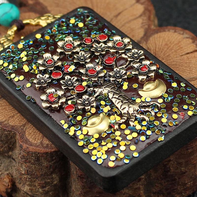 KarmaRipple's Tibet God Of Wealth Money Tree Golden Phoenix Thangka Ebony Peace Pendant Necklace p13