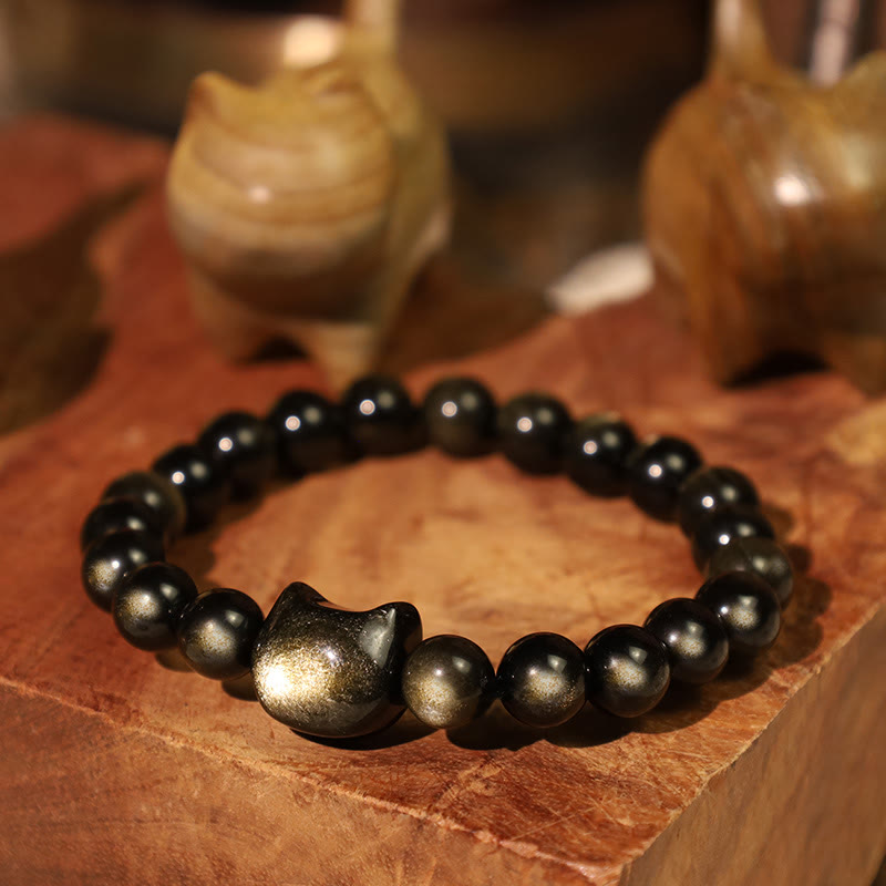 KarmaRipple's Gold Sheen Obsidian Silver Sheen Obsidian Lovely Paw Fortunate Cat Protection Bracelet p13
