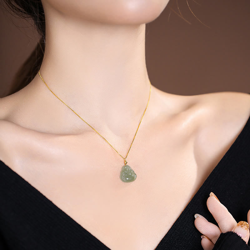 KarmaRipple's 925 Sterling Silver Authentic Hetian Jade Cyan Jade Fortune Laughing Buddha Butterfly Pendant Necklace p24